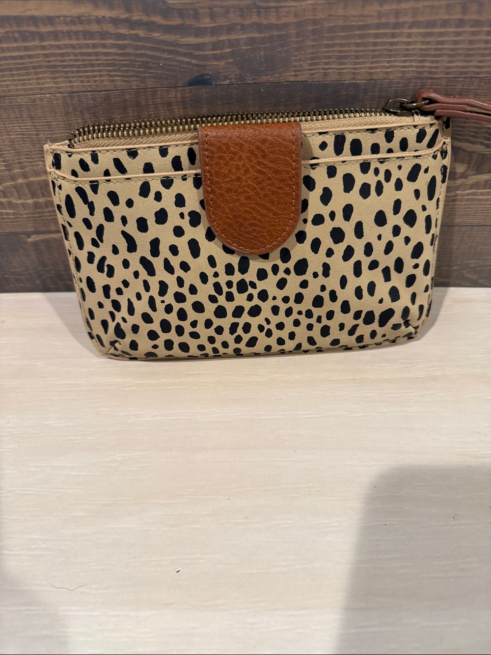 Universal Thread Leopard-Spot Wristlet in Beige and Black with Brown Trim
